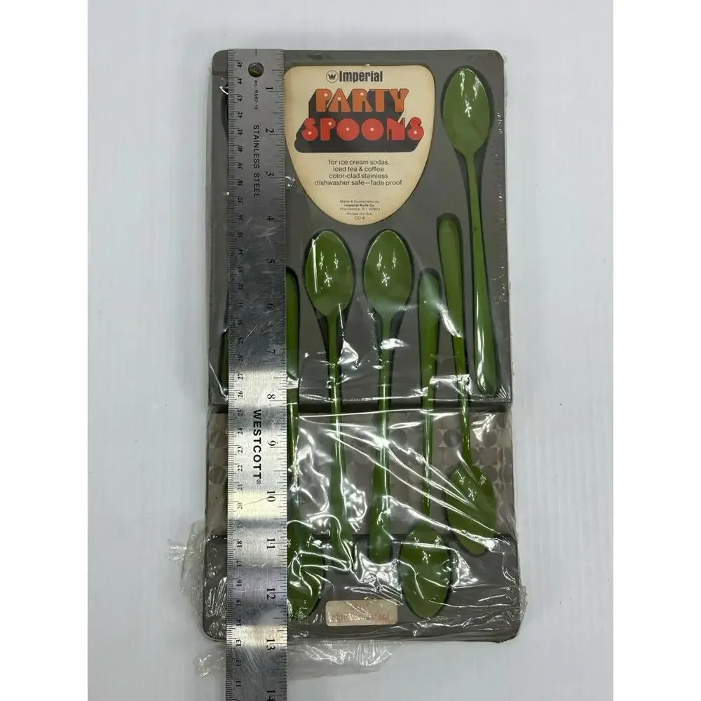 Vintage MCM Imperial Party Spoons Avocado Green‎ Stainless Steel Original Box
